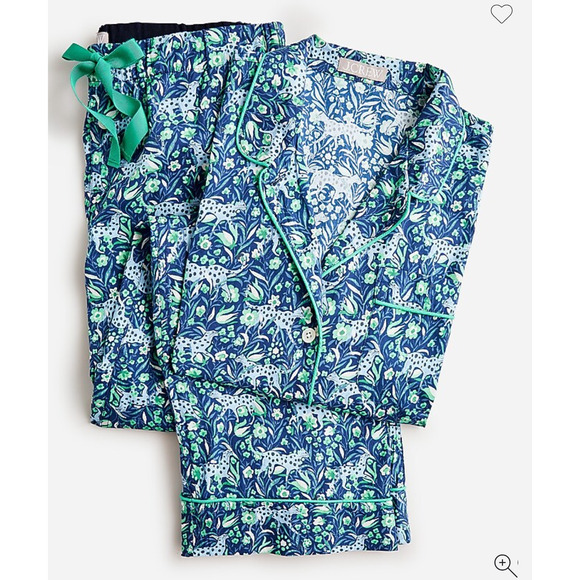 J. Crew Cotton Poplin Pajamas Fauna Floral Blue Leopard - Picture 1 of 13